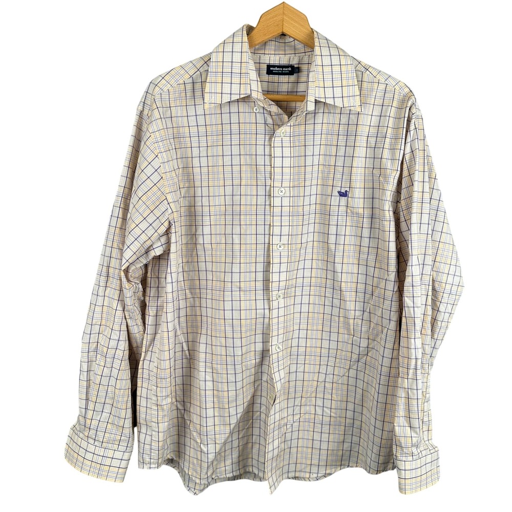 Southern Marsh Mens Large Plaid Button Down Shirt Long Sleeve Wrinkle Free Blue